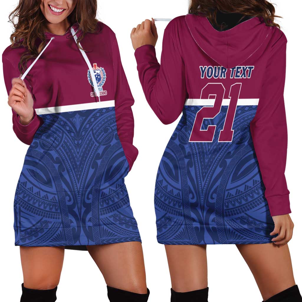 Queensland Samoa Custom Hoodie Dress Maroon-Blue Pacific Polynesian Tribal Pattern