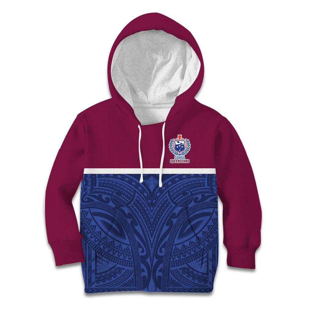 Queensland Samoa Custom Kid Hoodie Maroon-Blue Pacific Polynesian Tribal Pattern