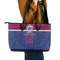 Queensland Samoa Custom Leather Tote Bag Maroon-Blue Pacific Polynesian Tribal Pattern