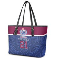 Queensland Samoa Custom Leather Tote Bag Maroon-Blue Pacific Polynesian Tribal Pattern