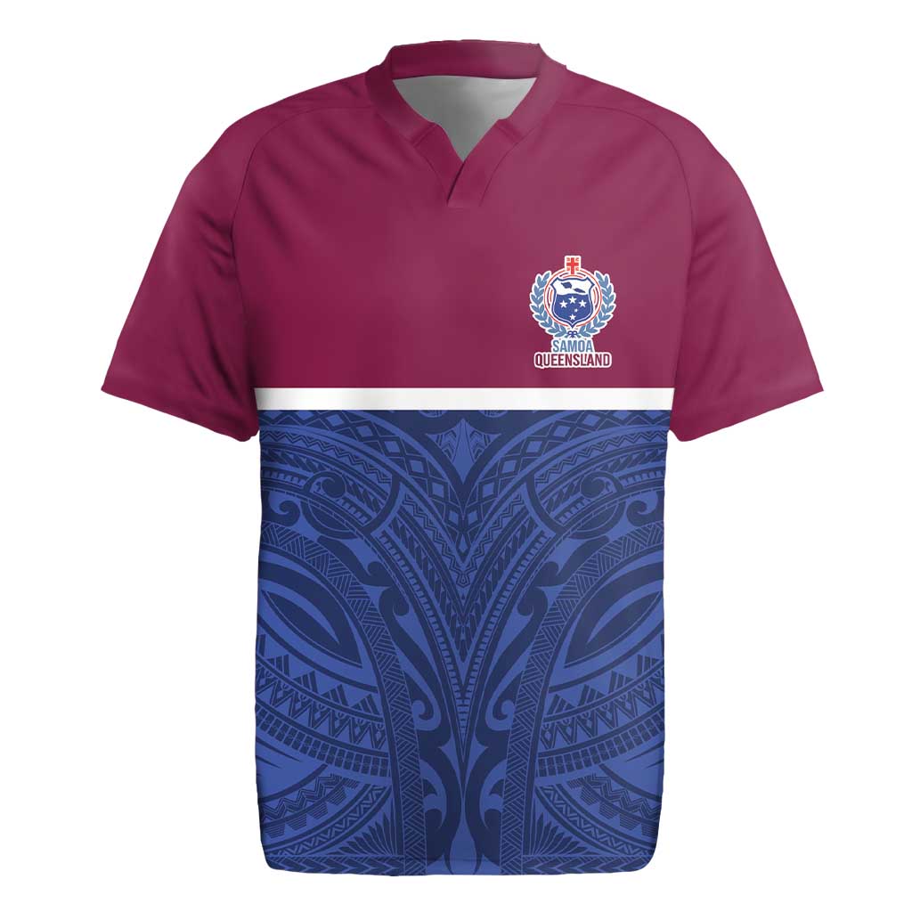 Queensland Samoa Custom Rugby Jersey Maroon-Blue Pacific Polynesian Tribal Pattern