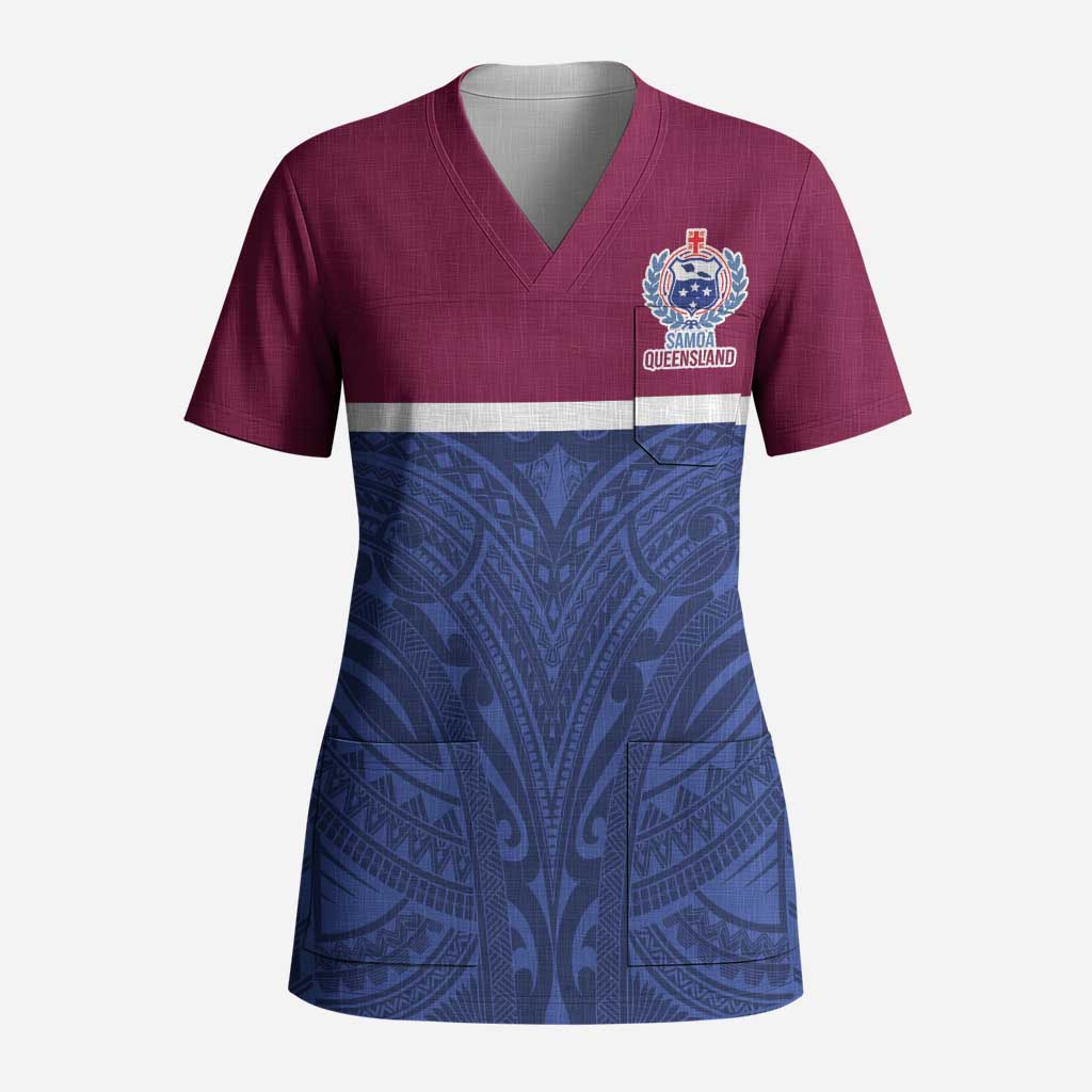 Queensland Samoa Custom Scrub Top Maroon-Blue Pacific Polynesian Tribal Pattern - Polynesian Pride