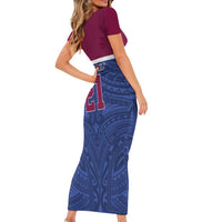 Queensland Samoa Custom Short Sleeve Bodycon Dress Maroon-Blue Pacific Polynesian Tribal Pattern
