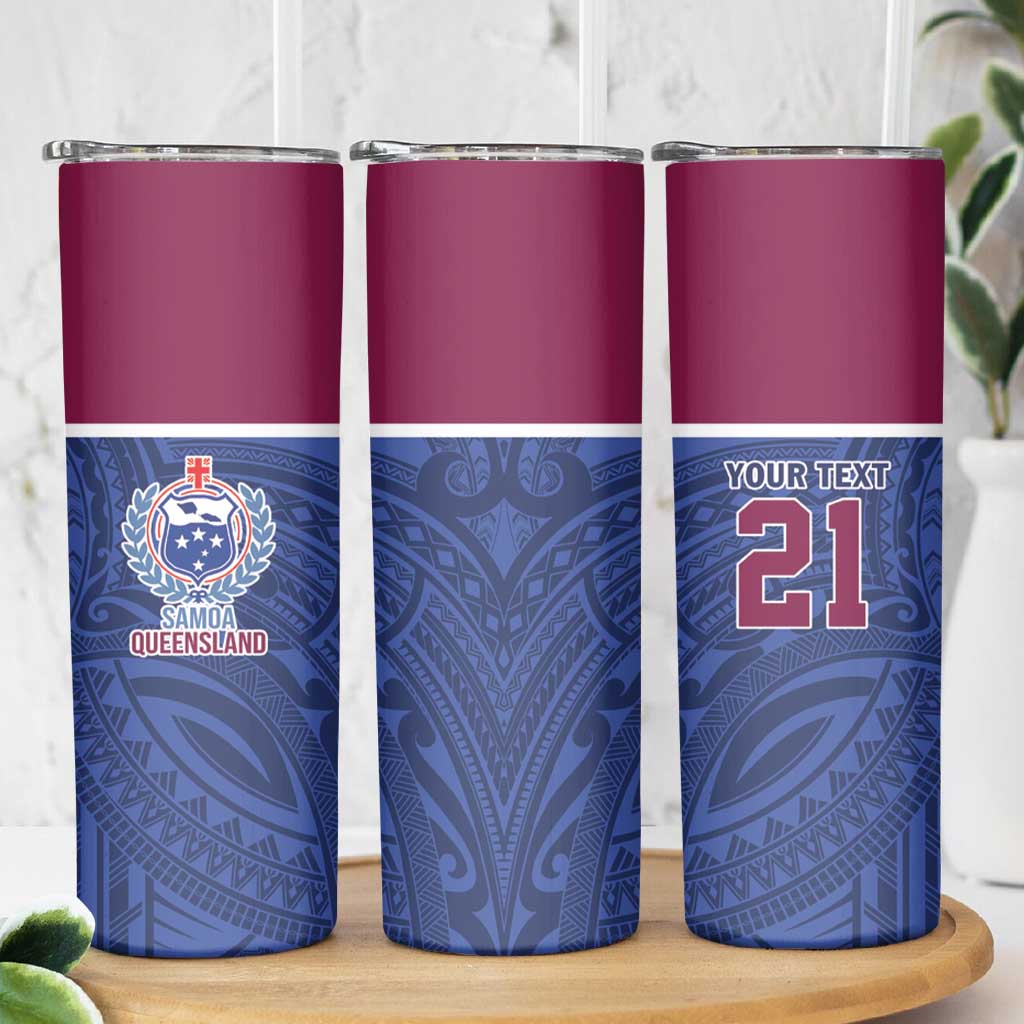 Queensland Samoa Custom Skinny Tumbler Maroon-Blue Pacific Polynesian Tribal Pattern