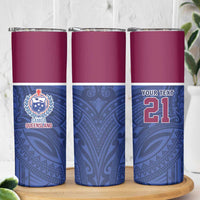 Queensland Samoa Custom Skinny Tumbler Maroon-Blue Pacific Polynesian Tribal Pattern