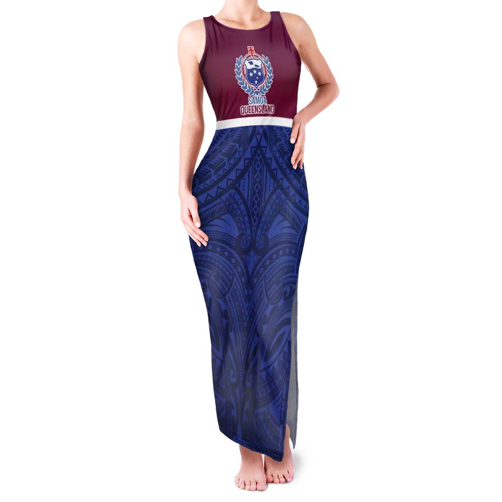 Queensland Samoa Custom Tank Maxi Dress Maroon-Blue Pacific Polynesian Tribal Pattern