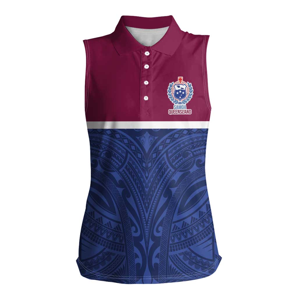 Queensland Samoa Custom Women Sleeveless Polo Shirt Maroon-Blue Pacific Polynesian Tribal Pattern LT9 Female Dark Blue - Polynesian Pride
