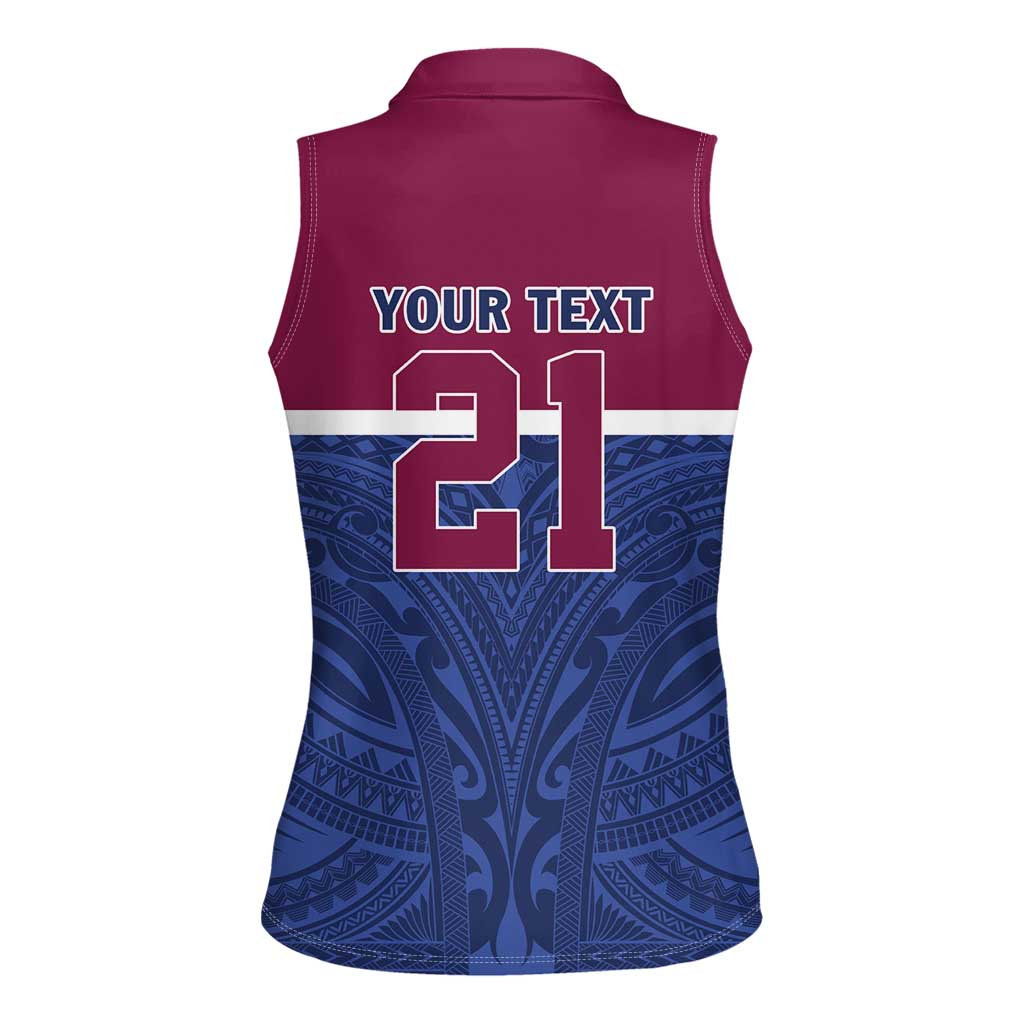 Queensland Samoa Custom Women Sleeveless Polo Shirt Maroon-Blue Pacific Polynesian Tribal Pattern LT9 - Polynesian Pride