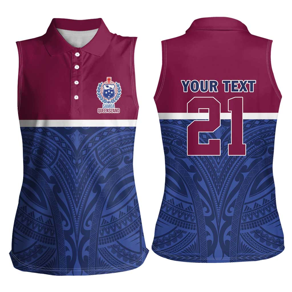 Queensland Samoa Custom Women Sleeveless Polo Shirt Maroon-Blue Pacific Polynesian Tribal Pattern LT9 - Polynesian Pride