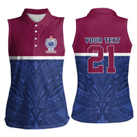 Queensland Samoa Custom Women Sleeveless Polo Shirt Maroon-Blue Pacific Polynesian Tribal Pattern LT9 - Polynesian Pride