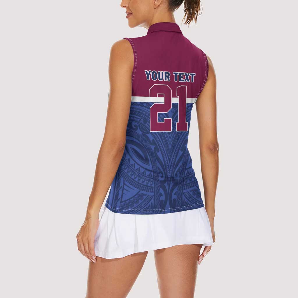 Queensland Samoa Custom Women Sleeveless Polo Shirt Maroon-Blue Pacific Polynesian Tribal Pattern LT9 - Polynesian Pride