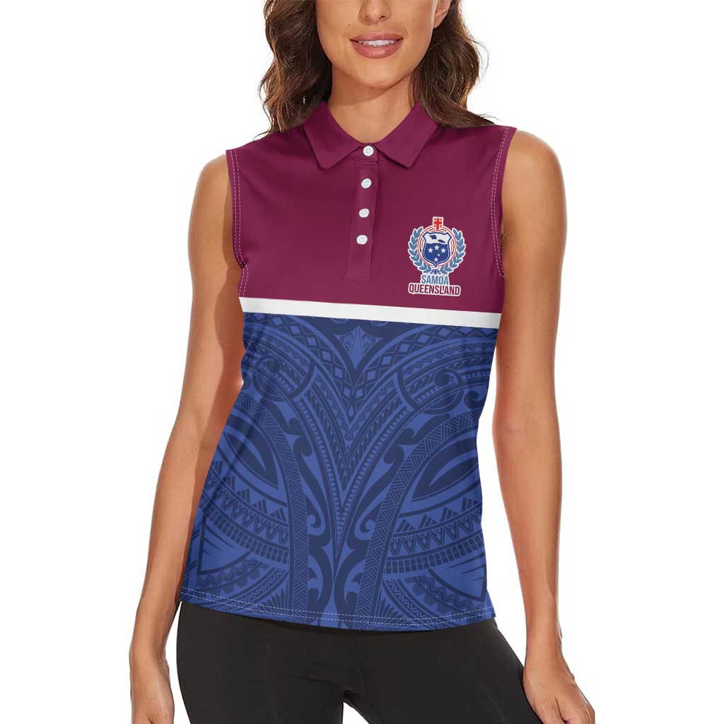 Queensland Samoa Custom Women Sleeveless Polo Shirt Maroon-Blue Pacific Polynesian Tribal Pattern LT9 - Polynesian Pride