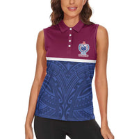 Queensland Samoa Custom Women Sleeveless Polo Shirt Maroon-Blue Pacific Polynesian Tribal Pattern LT9 - Polynesian Pride