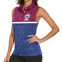 Queensland Samoa Custom Women Sleeveless Polo Shirt Maroon-Blue Pacific Polynesian Tribal Pattern LT9 - Polynesian Pride