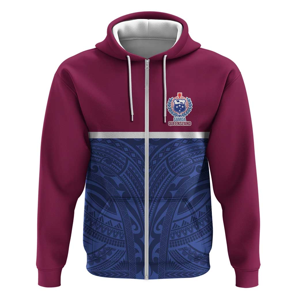 Queensland Samoa Custom Zip Hoodie Maroon-Blue Pacific Polynesian Tribal Pattern