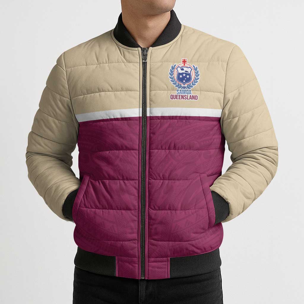 Queensland Samoa Custom Bomber Puffer Jacket Maroon Pacific Polynesian Tribal Pattern - Polynesian Pride