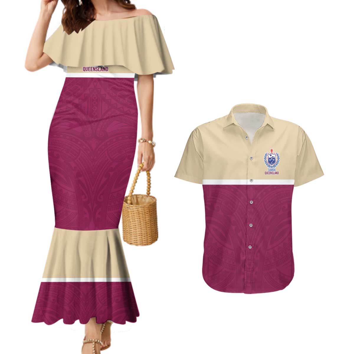 Queensland Samoa Custom Couples Matching Mermaid Dress and Hawaiian Shirt Maroon Pacific Polynesian Tribal Pattern