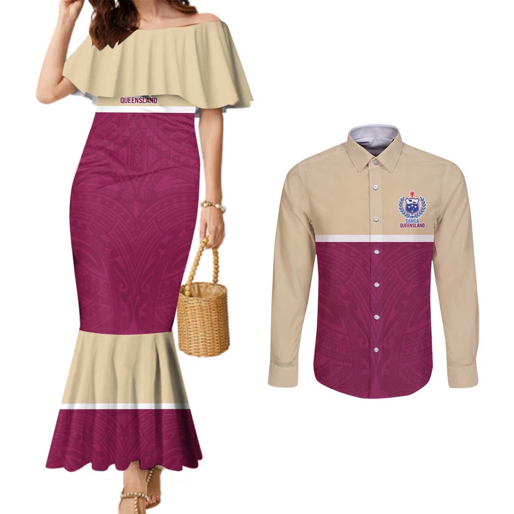 Queensland Samoa Custom Couples Matching Mermaid Dress and Long Sleeve Button Shirt Maroon Pacific Polynesian Tribal Pattern