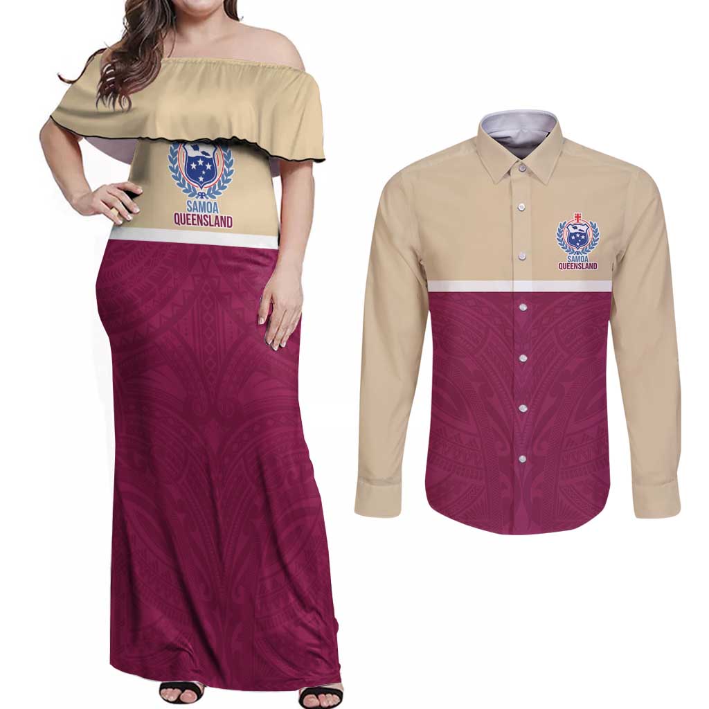 Queensland Samoa Custom Couples Matching Off Shoulder Maxi Dress and Long Sleeve Button Shirt Maroon Pacific Polynesian Tribal Pattern