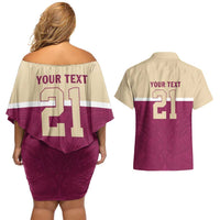 Queensland Samoa Custom Couples Matching Off Shoulder Short Dress and Hawaiian Shirt Maroon Pacific Polynesian Tribal Pattern