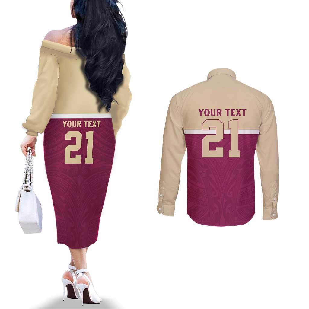 Queensland Samoa Custom Couples Matching Off The Shoulder Long Sleeve Dress and Long Sleeve Button Shirt Maroon Pacific Polynesian Tribal Pattern
