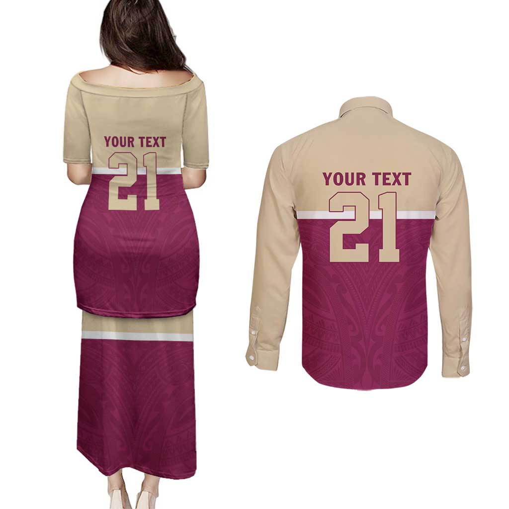 Queensland Samoa Custom Couples Matching Puletasi and Long Sleeve Button Shirt Maroon Pacific Polynesian Tribal Pattern