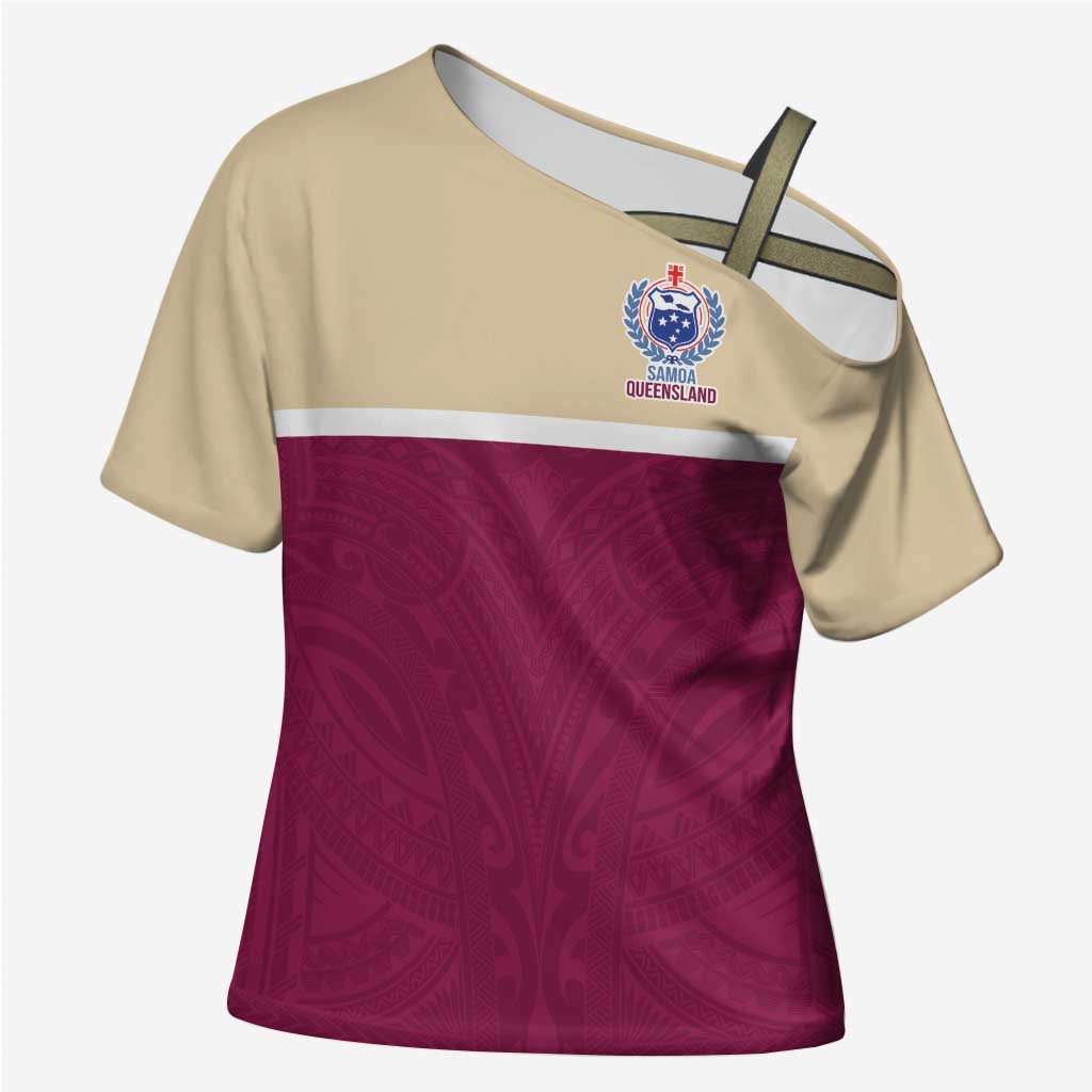 Queensland Samoa Custom Cross Shoulder Shirt Maroon Pacific Polynesian Tribal Pattern - Polynesian Pride