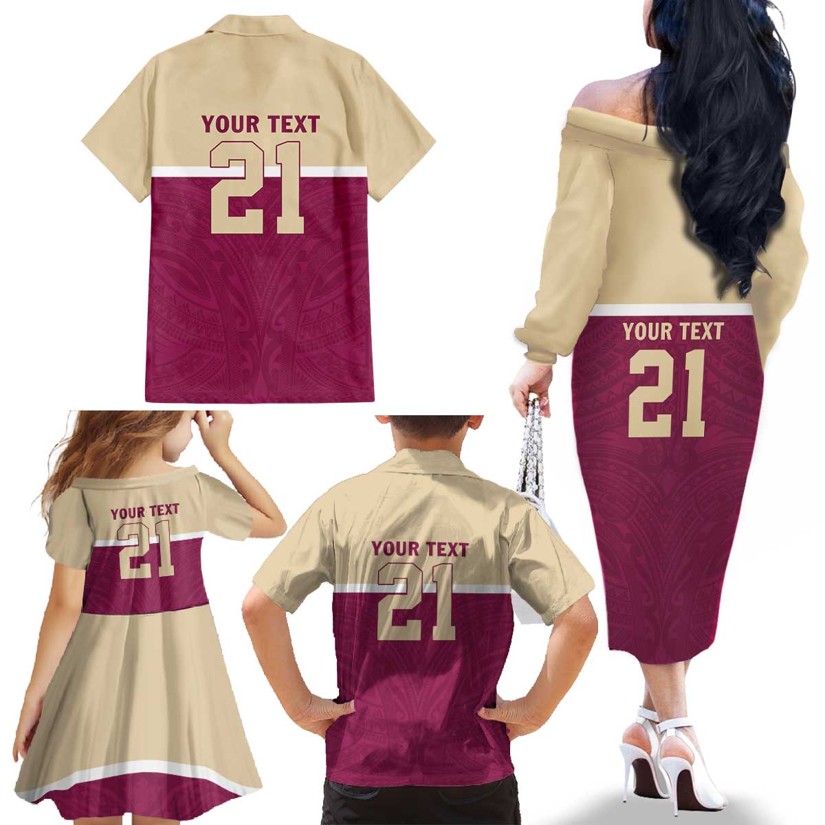 Queensland Samoa Custom Family Matching Off The Shoulder Long Sleeve Dress and Hawaiian Shirt Maroon Pacific Polynesian Tribal Pattern