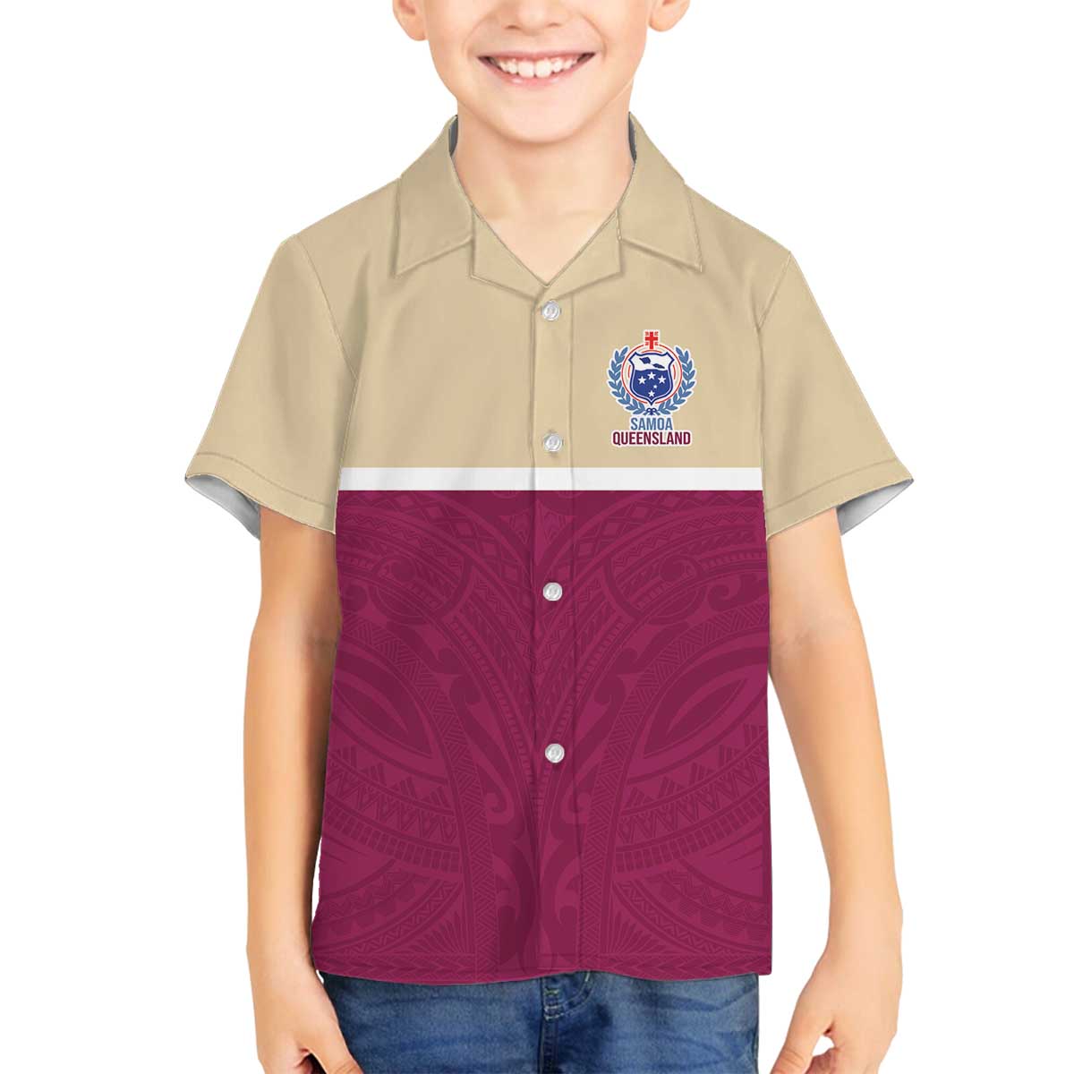 Queensland Samoa Custom Family Matching Off The Shoulder Long Sleeve Dress and Hawaiian Shirt Maroon Pacific Polynesian Tribal Pattern