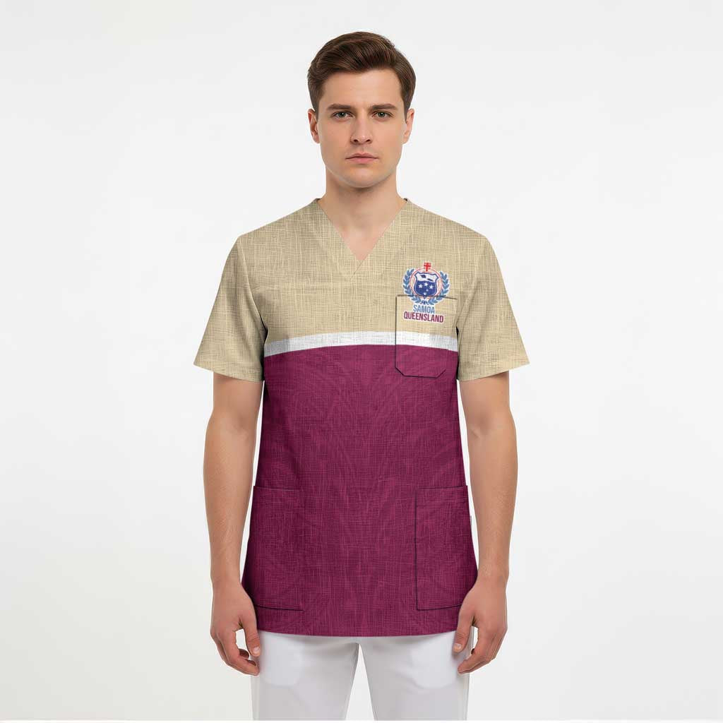 Queensland Samoa Custom Scrub Top Maroon Pacific Polynesian Tribal Pattern - Polynesian Pride