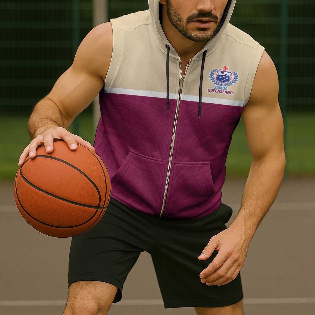 Queensland Samoa Custom Sleeveless Zip Hoodie Maroon Pacific Polynesian Tribal Pattern - Polynesian Pride