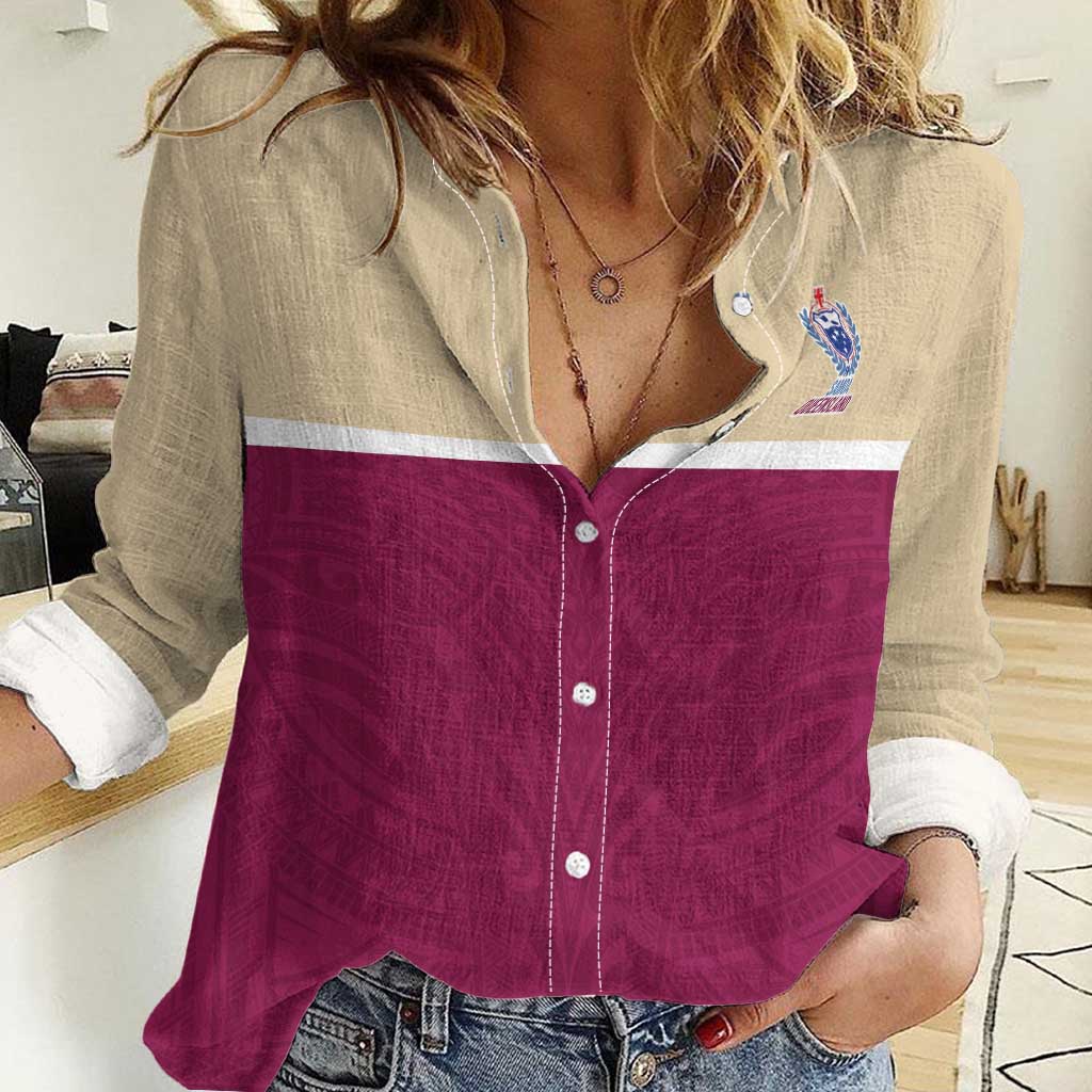 Queensland Samoa Custom Women Casual Shirt Maroon Pacific Polynesian Tribal Pattern