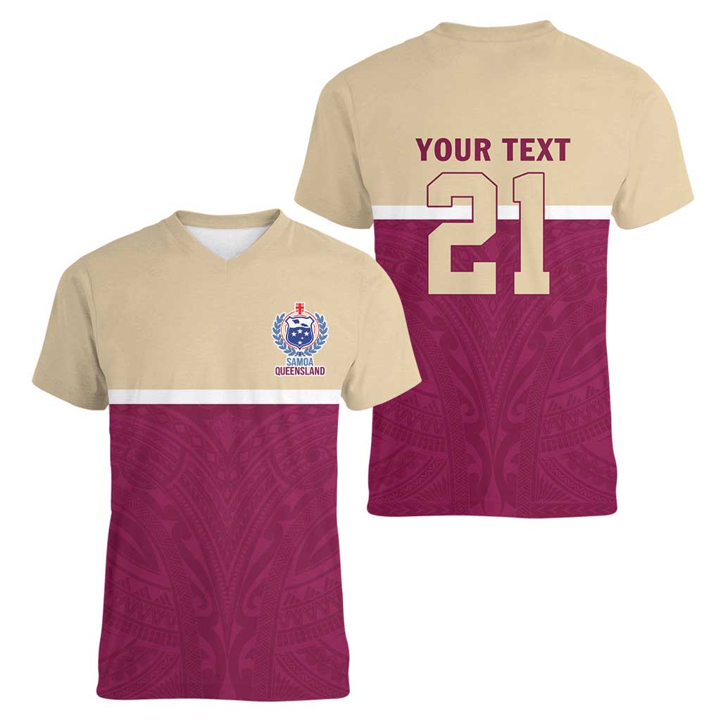 Queensland Samoa Custom Women V-Neck T-Shirt Maroon Pacific Polynesian Tribal Pattern