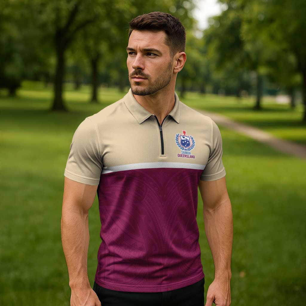 Queensland Samoa Custom Zipper Polo Shirt Maroon Pacific Polynesian Tribal Pattern - Polynesian Pride