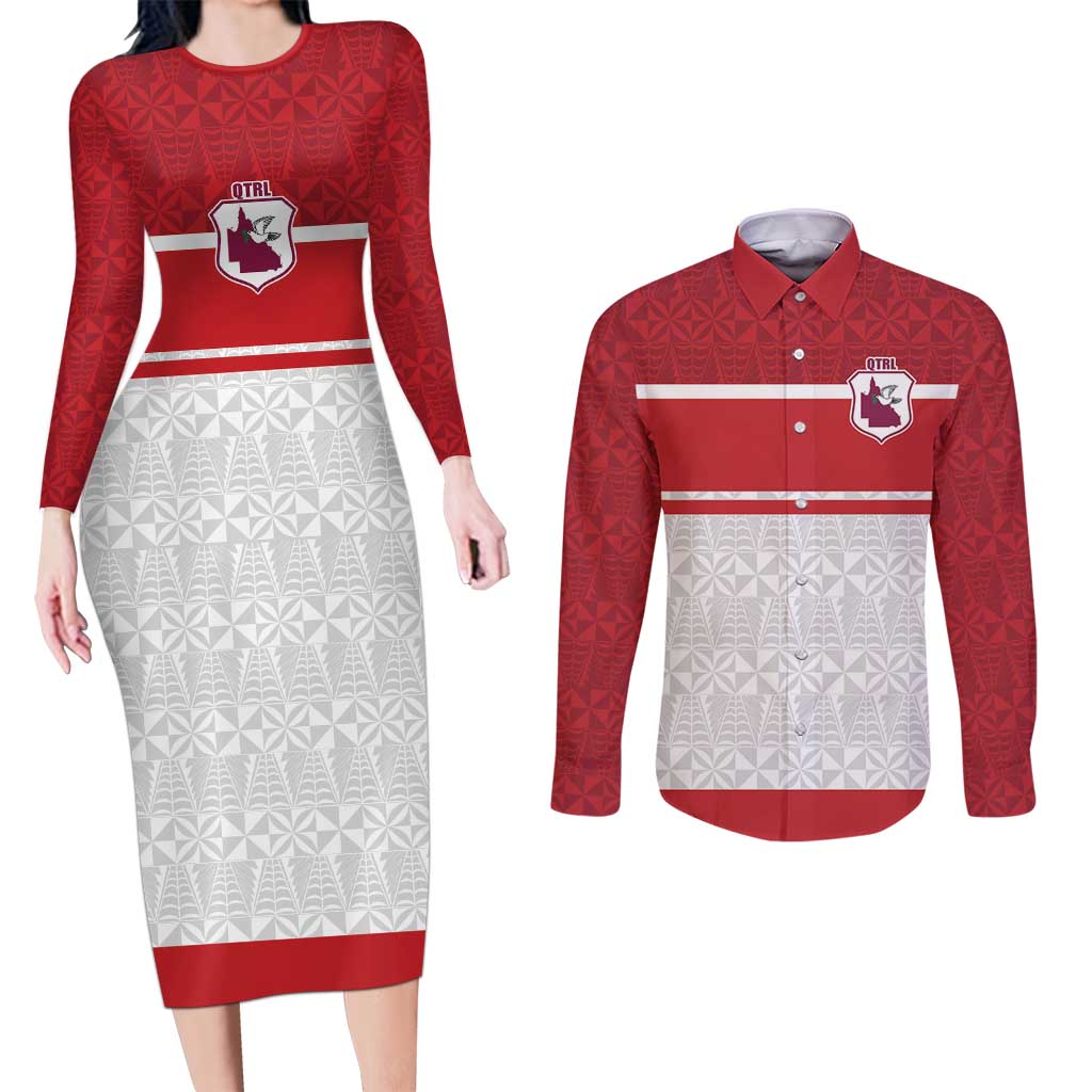 Queensland Tonga Custom Couples Matching Long Sleeve Bodycon Dress and Long Sleeve Button Shirt QLD with Tongan Ngatu Pattern