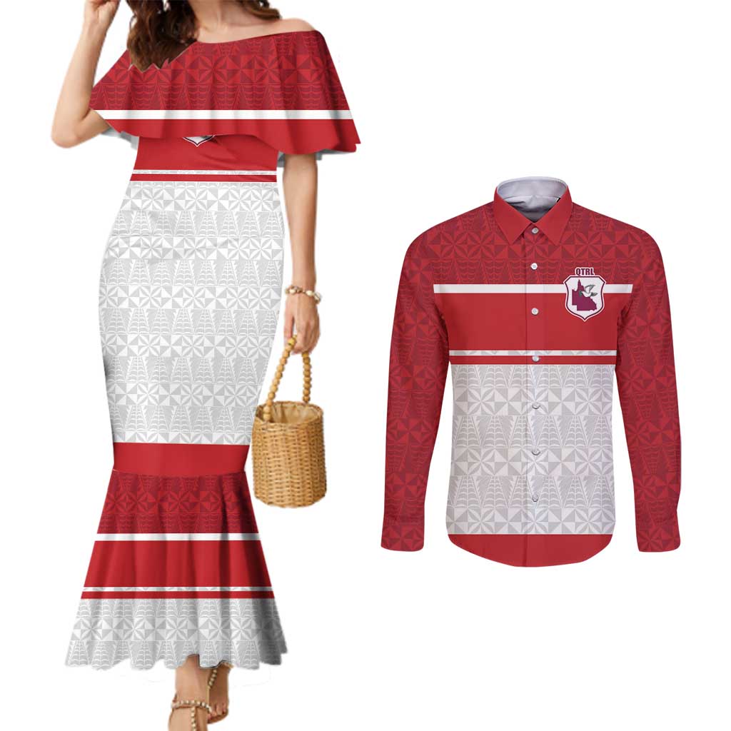 Queensland Tonga Custom Couples Matching Mermaid Dress and Long Sleeve Button Shirt QLD with Tongan Ngatu Pattern