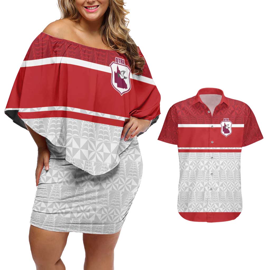 Queensland Tonga Custom Couples Matching Off Shoulder Short Dress and Hawaiian Shirt QLD with Tongan Ngatu Pattern