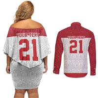 Queensland Tonga Custom Couples Matching Off Shoulder Short Dress and Long Sleeve Button Shirt QLD with Tongan Ngatu Pattern