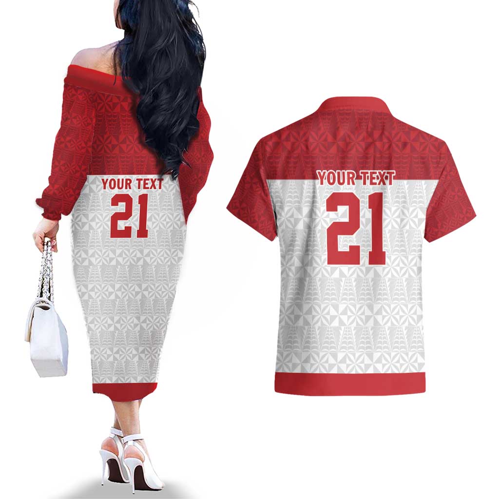 Queensland Tonga Custom Couples Matching Off The Shoulder Long Sleeve Dress and Hawaiian Shirt QLD with Tongan Ngatu Pattern