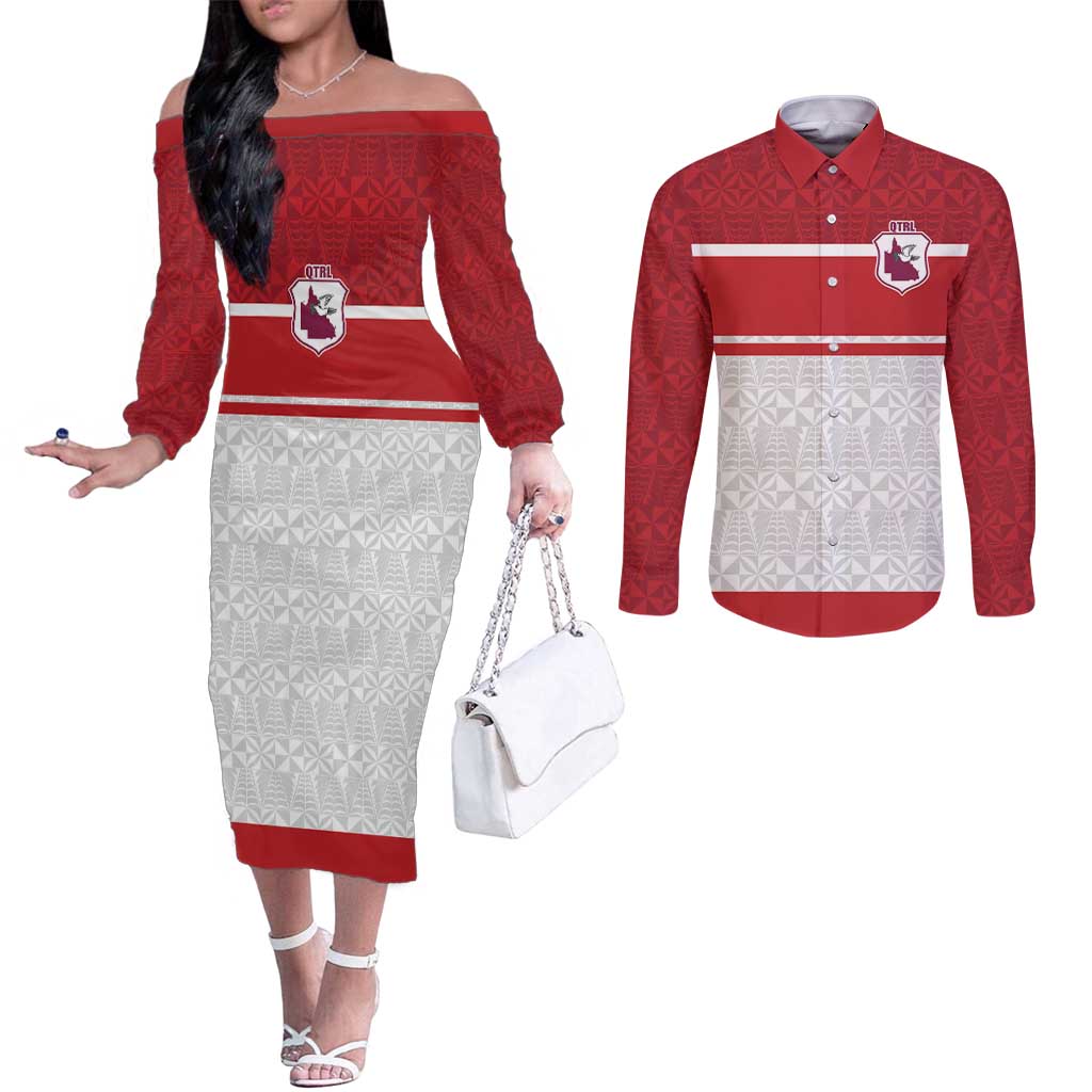Queensland Tonga Custom Couples Matching Off The Shoulder Long Sleeve Dress and Long Sleeve Button Shirt QLD with Tongan Ngatu Pattern
