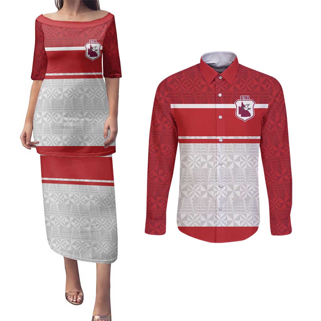 Queensland Tonga Custom Couples Matching Puletasi and Long Sleeve Button Shirt QLD with Tongan Ngatu Pattern