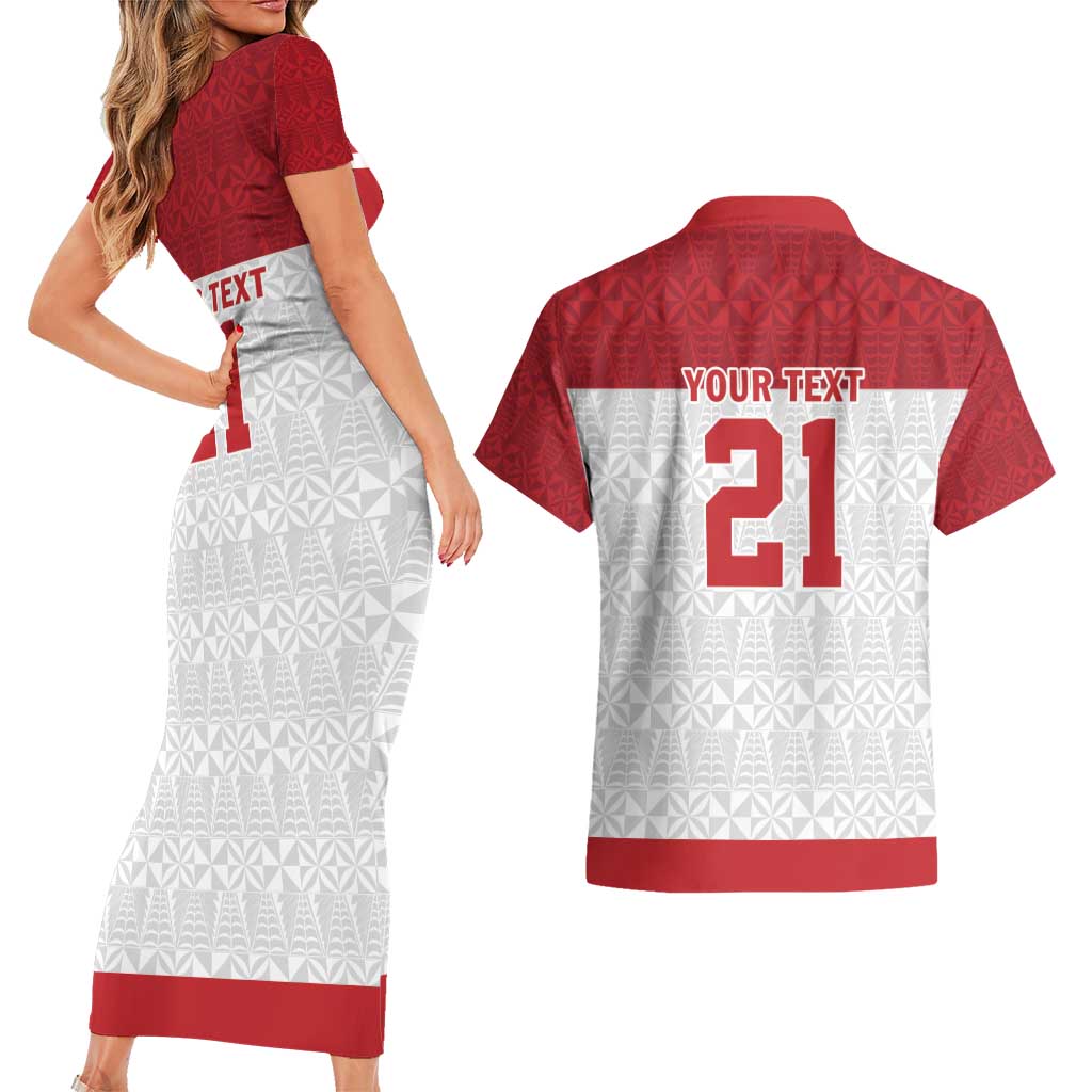 Queensland Tonga Custom Couples Matching Short Sleeve Bodycon Dress and Hawaiian Shirt QLD with Tongan Ngatu Pattern