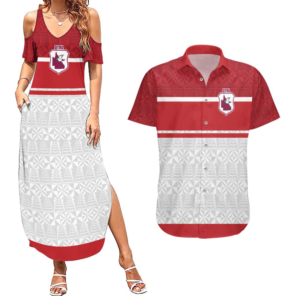 Queensland Tonga Custom Couples Matching Summer Maxi Dress and Hawaiian Shirt QLD with Tongan Ngatu Pattern