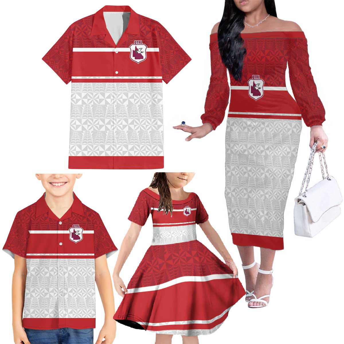 Queensland Tonga Custom Family Matching Off The Shoulder Long Sleeve Dress and Hawaiian Shirt QLD with Tongan Ngatu Pattern