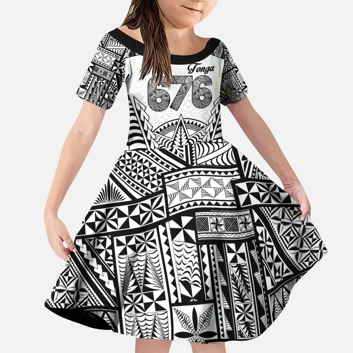 Personalised Tonga 676 Kid Short Sleeve Dress Tribal Kupesi Ngatu Unique LT9 KID White - Polynesian Pride