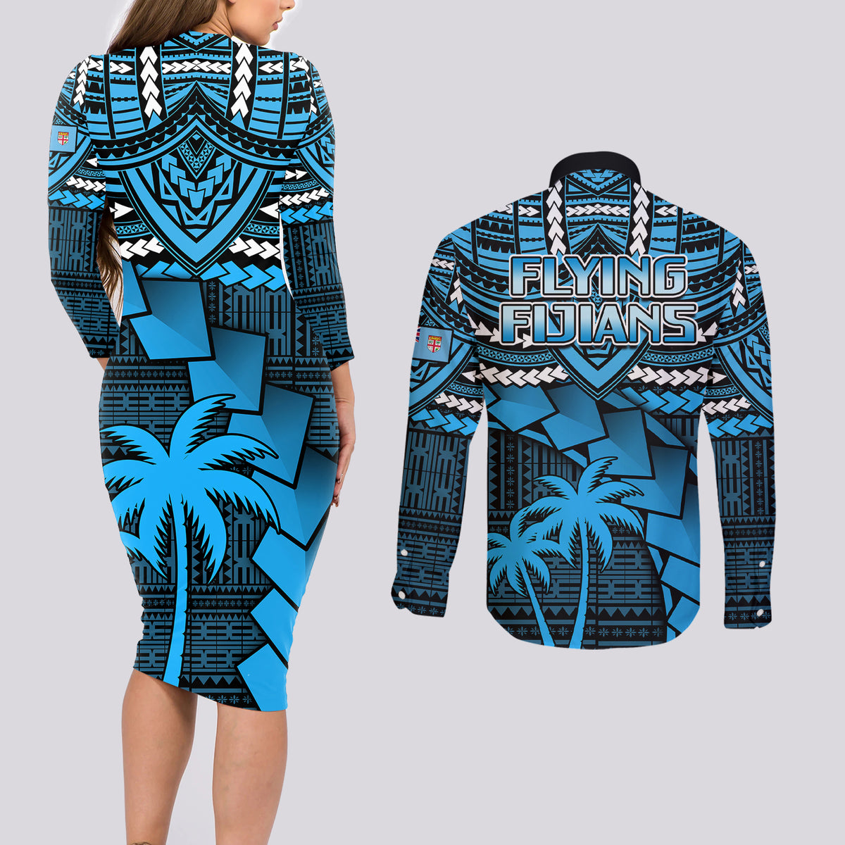Fiji Rugby Couples Matching Long Sleeve Bodycon Dress and Long Sleeve Button Shirts Go Fijian Tapa Arty with World Cup Vibe LT9 - Polynesian Pride