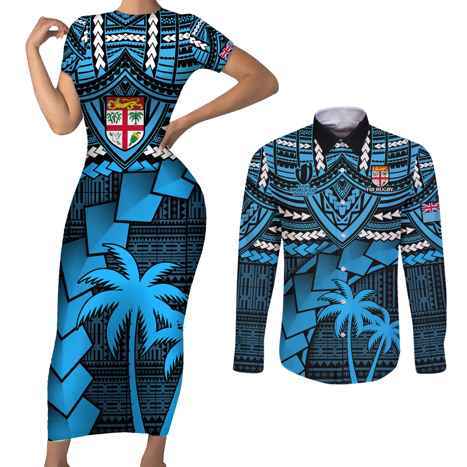 Fiji Rugby Couples Matching Short Sleeve Bodycon Dress and Long Sleeve Button Shirts Go Fijian Tapa Arty with World Cup Vibe LT9 Blue - Polynesian Pride
