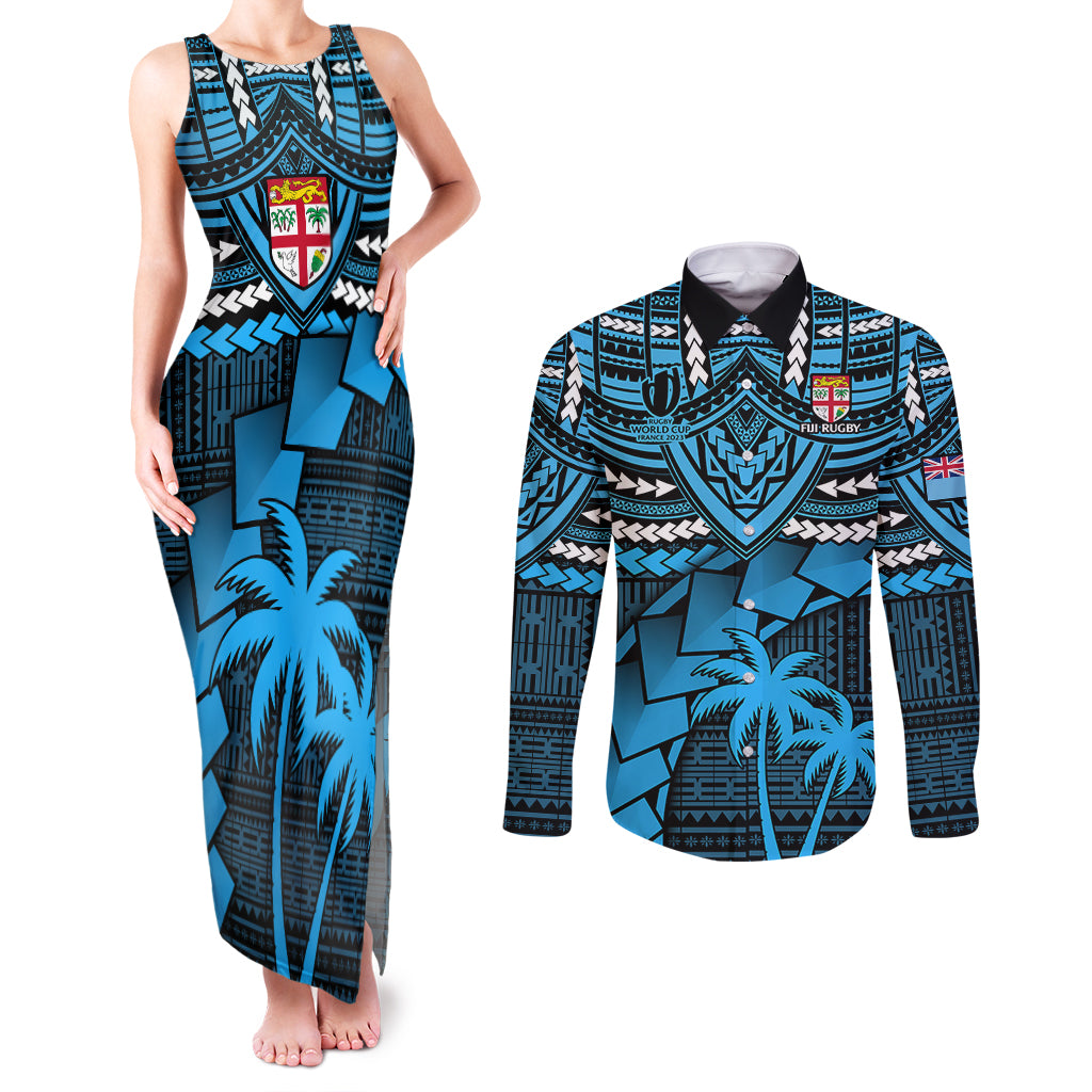 Fiji Rugby Couples Matching Tank Maxi Dress and Long Sleeve Button Shirts Go Fijian Tapa Arty with World Cup Vibe LT9 Blue - Polynesian Pride