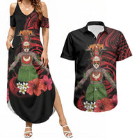 Huli Wigmen Tribe Hela Province Couples Matching Summer Maxi Dress and Hawaiian Shirt Papua New Guinea Indigenous Pattern LT9 Black - Polynesian Pride