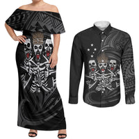 Skeleton Tribe Simbu Province Couples Matching Off Shoulder Maxi Dress and Long Sleeve Button Shirt Papua New Guinea Indigenous Pattern LT9 Black - Polynesian Pride
